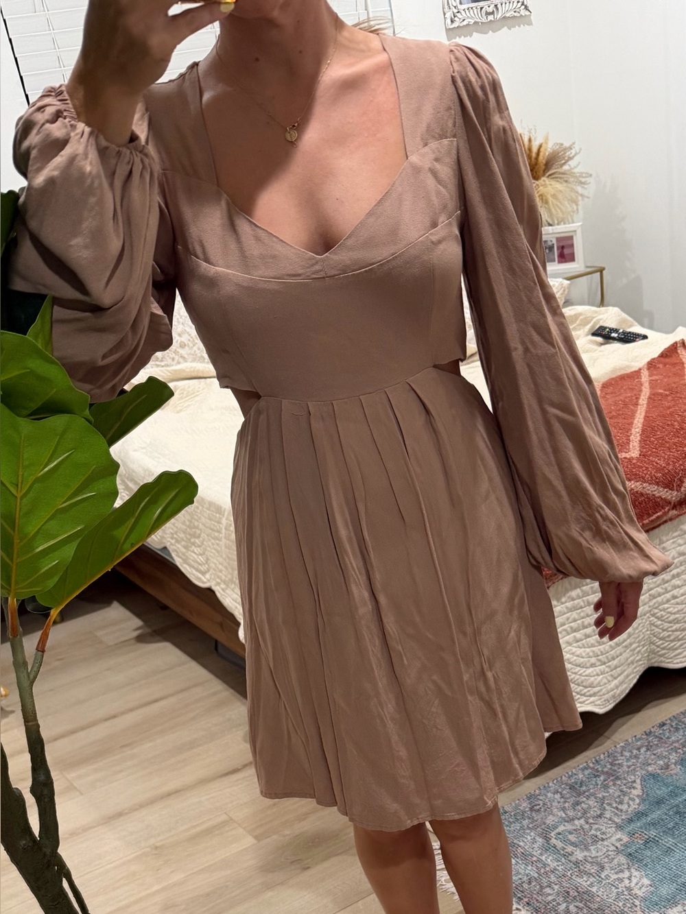 Square-Neck Pleated Mini Dress in Mauve